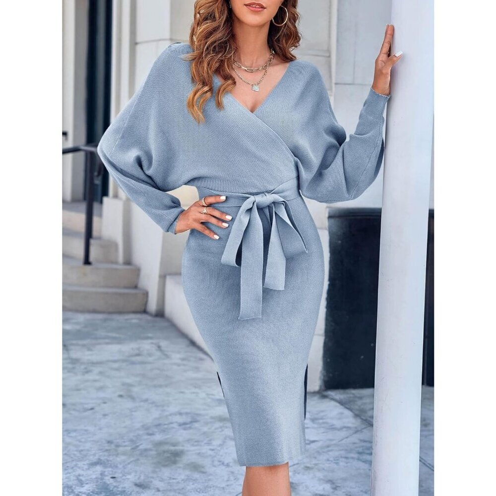 Women blue Wrap Maxi Sweater Dress V Neck Batwing Slit Open Back Bodycon Belt - Picture 6 of 7